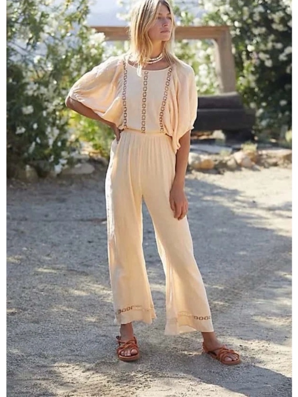 Free People Salerno Wide-Leg Jumpsuit with Crochet Trim Size Medium
